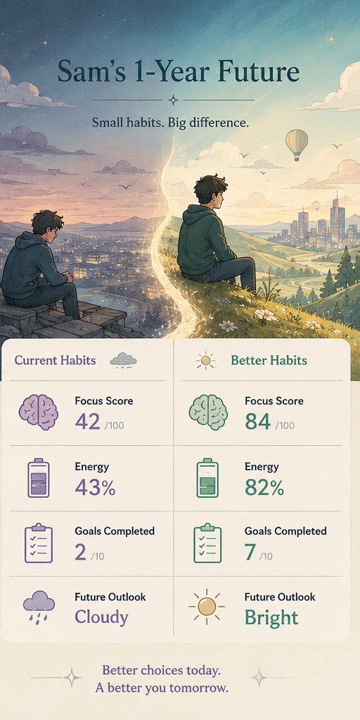 Reanimo one-year future comparison: current habits show a focus score of 42, 43% energy, 2 of 10 goals and a cloudy outlook, while better habits show 84, 82%, 7 of 10 goals and a bright outlook.